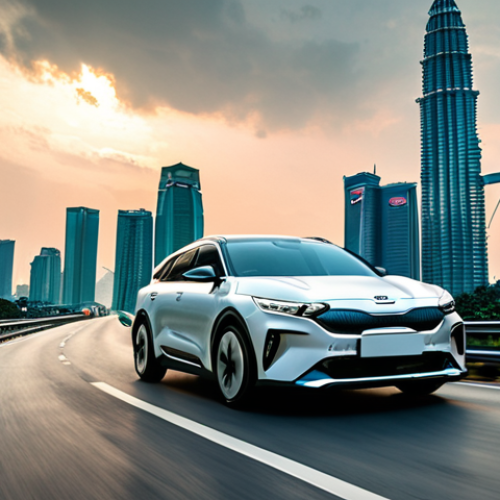 Home 4 **Image Prompt:** Futuristic Kia EV6 driving on a Malaysian highway, showcasing its sleek design and modern LED lights, with the Petronas Twin Towers in the background.