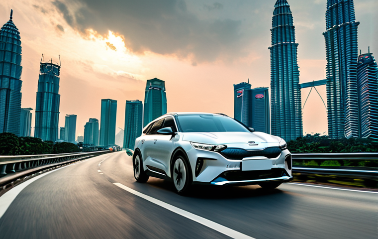 **Image Prompt:** Futuristic Kia EV6 driving on a Malaysian highway, showcasing its sleek design and modern LED lights, with the Petronas Twin Towers in the background.