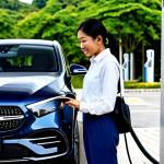 A professional Malaysian woman, fully clothed in a modest business casual outfit, confidently plugging a charging cable into a sleek Mercedes-Benz EQS at a modern, well-lit public EV charging station during the day. The station features clean, contemporary design with futuristic charging points. She exhibits a calm and efficient demeanor, reflecting the ease of the Plug & Charge feature. The background suggests an urban setting in Malaysia with modern architecture. safe for work, appropriate content, fully clothed, professional, perfect anatomy, correct proportions, natural pose, well-formed hands, proper finger count, natural body proportions, high-quality professional photography, detailed, realistic, vibrant colors.