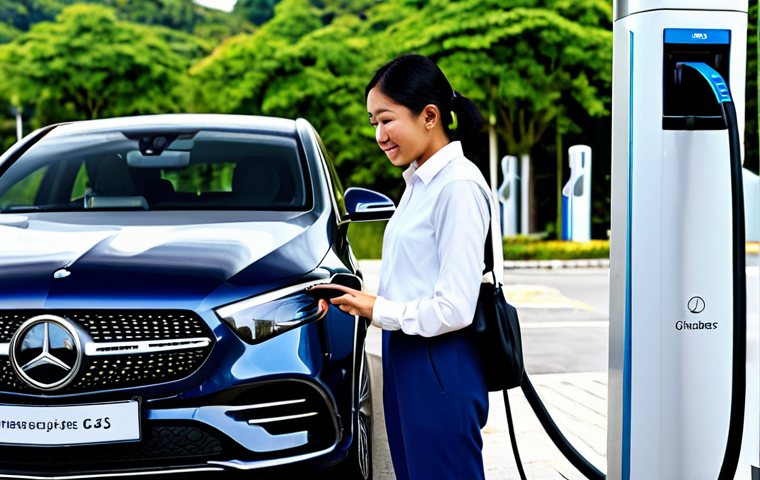 A professional Malaysian woman, fully clothed in a modest business casual outfit, confidently plugging a charging cable into a sleek Mercedes-Benz EQS at a modern, well-lit public EV charging station during the day. The station features clean, contemporary design with futuristic charging points. She exhibits a calm and efficient demeanor, reflecting the ease of the Plug & Charge feature. The background suggests an urban setting in Malaysia with modern architecture. safe for work, appropriate content, fully clothed, professional, perfect anatomy, correct proportions, natural pose, well-formed hands, proper finger count, natural body proportions, high-quality professional photography, detailed, realistic, vibrant colors.