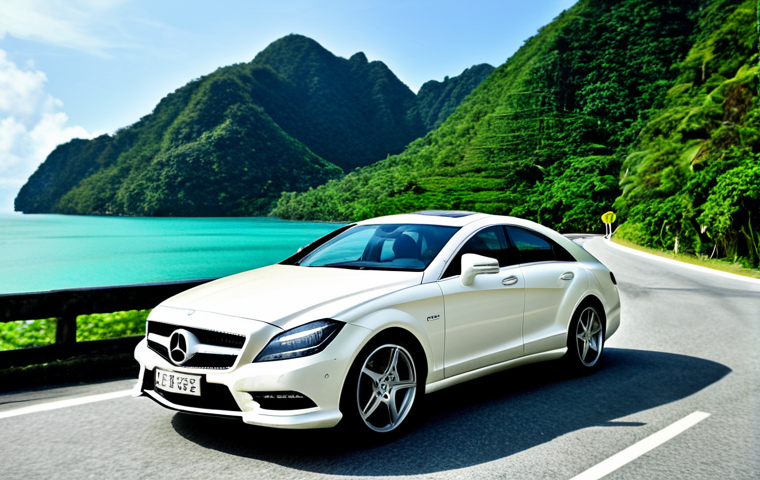 **
"A sleek Mercedes-Benz CLS Coupe, fully clothed, in pearl white driving along a scenic coastal road in Langkawi, Malaysia. Lush green hills and the turquoise sea are visible in the background. Professional photography, perfect anatomy, correct proportions, natural pose, appropriate attire, safe for work, family-friendly, high quality."
**
