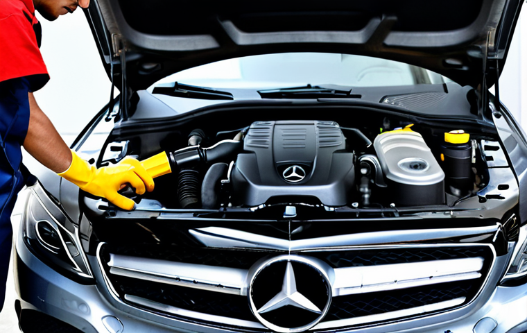 **Image Prompt 1: Engine Oil Maintenance**
"Close-up shot of a mechanic, fully clothed in professional attire, carefully pouring fully synthetic engine oil into a Mercedes-Benz C-Class engine bay. Focus on the oil cap and the gleaming engine components. The background shows a clean and organized workshop environment. Safe for work, appropriate content, professional, perfect anatomy, natural proportions, family-friendly, high-quality automotive photography."